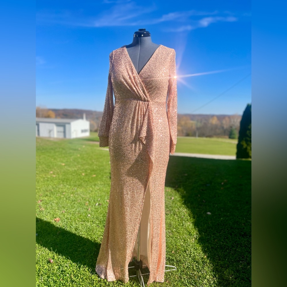 Stunning Mermaid Rose Gold Sequined Dress with Sleeves and Slit